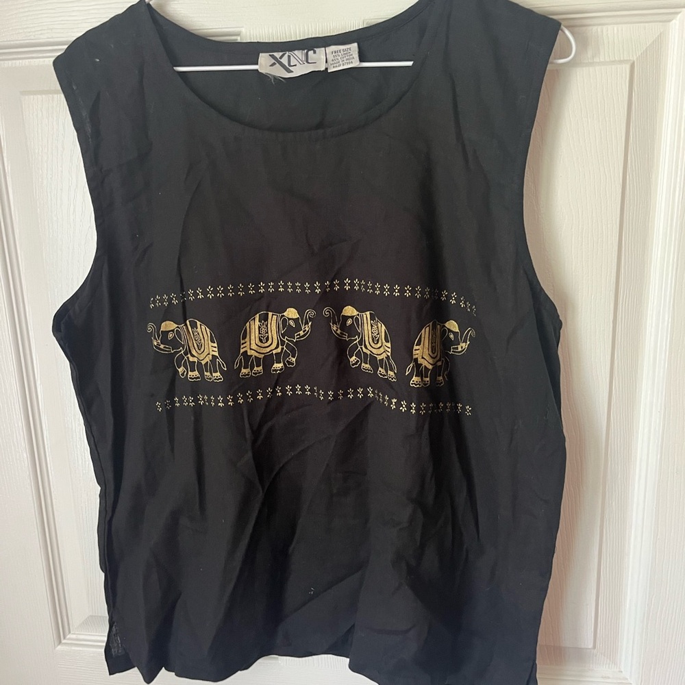 Black Sleeveless Top with Gold Elephant Design vintage